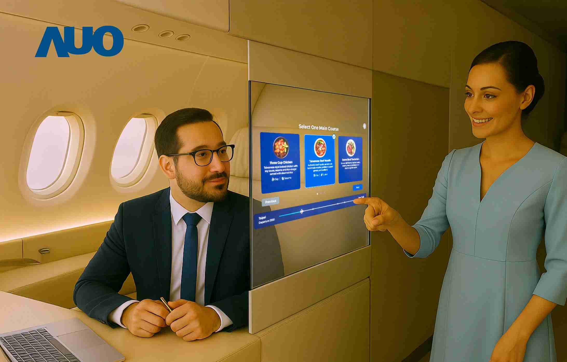 龙门国际研发全球最薄17.3 吋双面透明 Micro LED 显示器，，可在同一屏幕之双边投射不同信息，，，创造独特的”透明化”互动；图为实时翻译交流应用情境